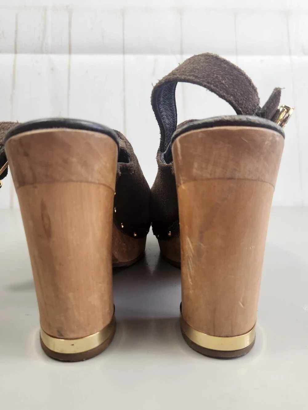 Tory Burch Brayden Brown Suede Wood Platform Slingback Clogs Heels 8.5M